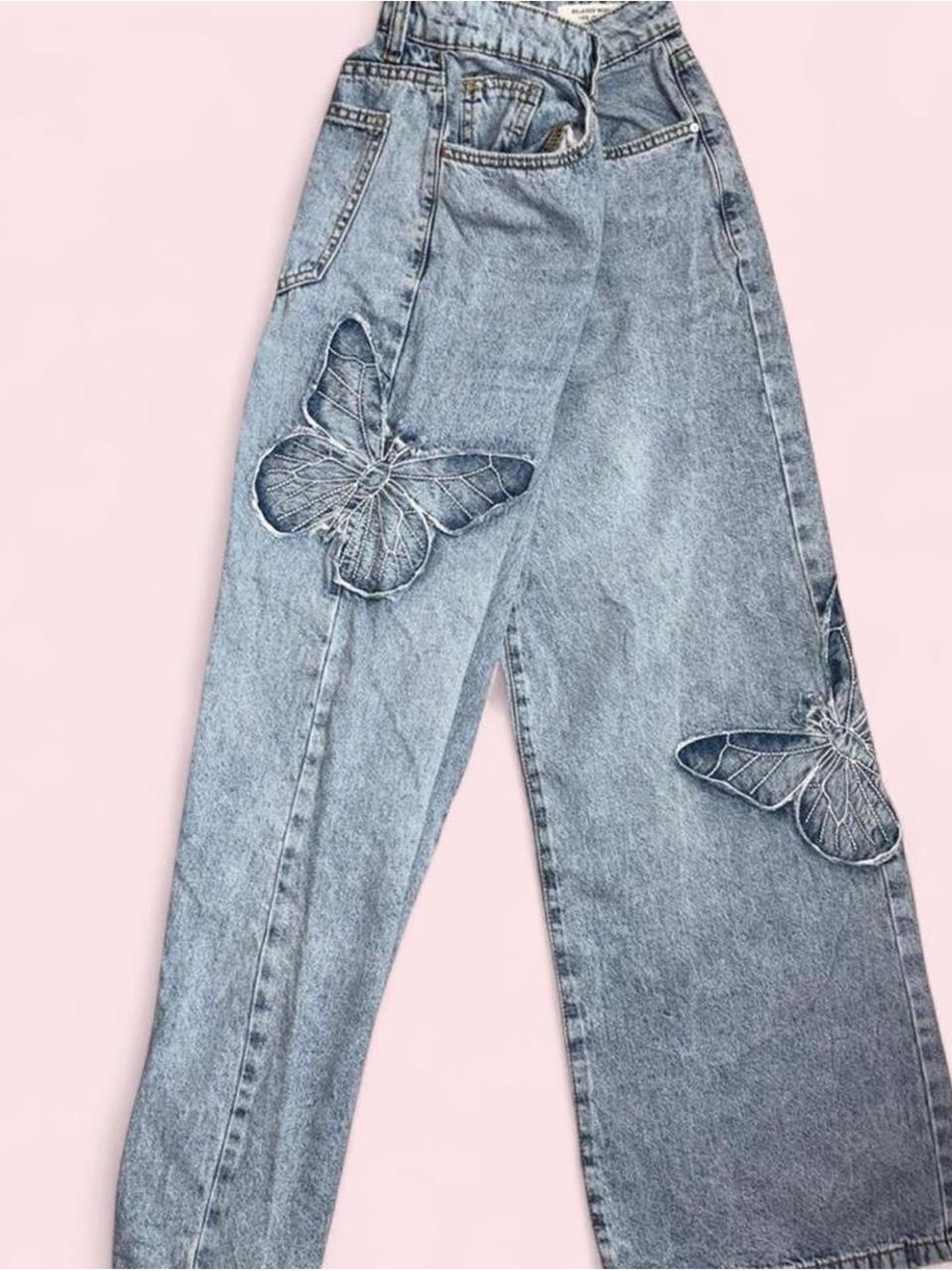 Cotton On Light Blue Wide-Leg Jeans with Butterfly Appliqué